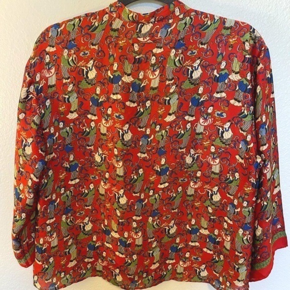 Josie Natori Red Asian Novelty Print Button Down Blouse Top SZ S - Picture 2 of 9